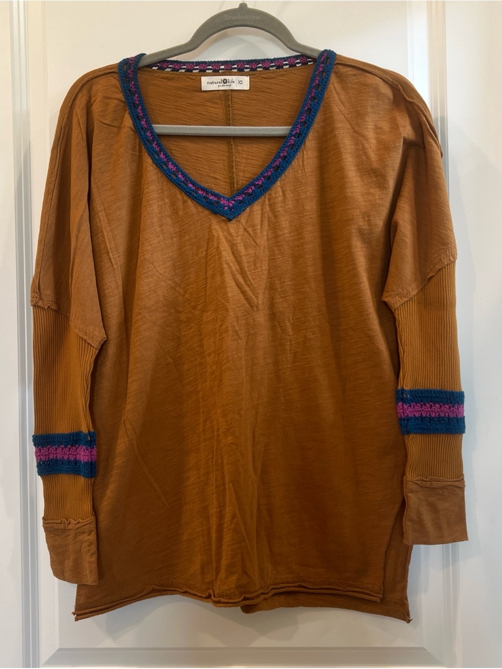Natural life boxy ochre mustard crochet trimmed sleeves XS great